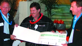 Rudi van der Merwe (centre) receives his prize from CBI-electric’s Rudi Coetzee (left) and Claude Middleton (right)